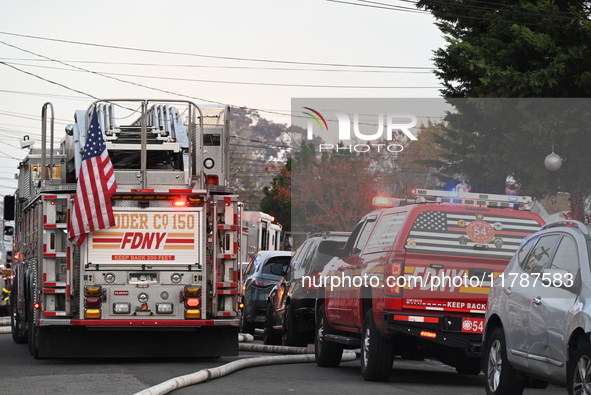 The FDNY responds to the scene in Queens Village, New York, United States, on November 17, 2024. One person is killed in a fire that affects...