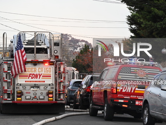 The FDNY responds to the scene in Queens Village, New York, United States, on November 17, 2024. One person is killed in a fire that affects...