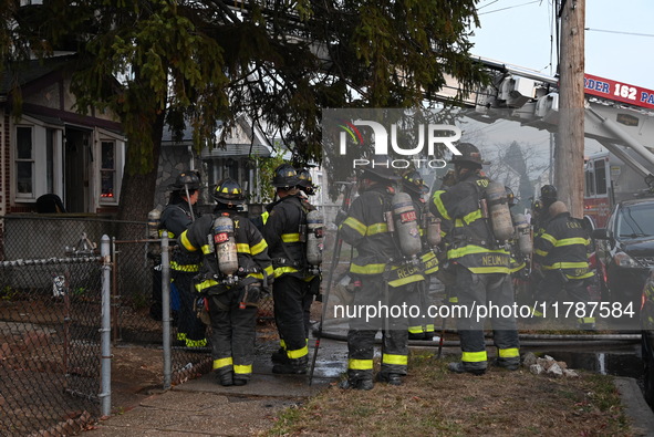 The FDNY responds to the scene in Queens Village, New York, United States, on November 17, 2024. One person is killed in a fire that affects...