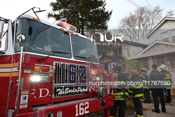 The FDNY responds to the scene in Queens Village, New York, United States, on November 17, 2024. One person is killed in a fire that affects...