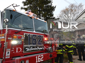 The FDNY responds to the scene in Queens Village, New York, United States, on November 17, 2024. One person is killed in a fire that affects...