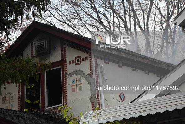 The FDNY responds to the scene in Queens Village, New York, United States, on November 17, 2024. One person is killed in a fire that affects...