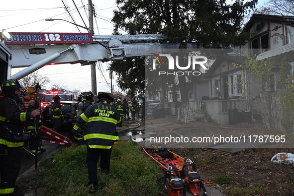 The FDNY responds to the scene in Queens Village, New York, United States, on November 17, 2024. One person is killed in a fire that affects...