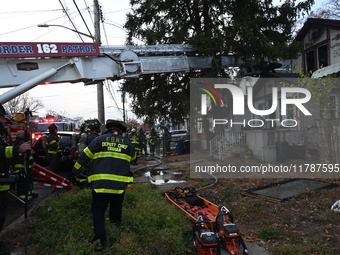 The FDNY responds to the scene in Queens Village, New York, United States, on November 17, 2024. One person is killed in a fire that affects...