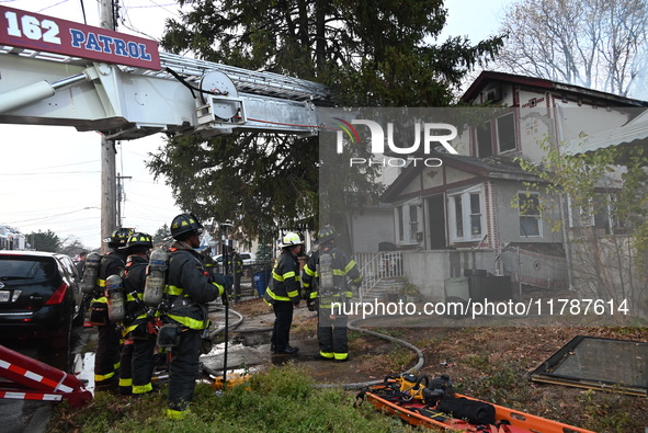 The FDNY responds to the scene in Queens Village, New York, United States, on November 17, 2024. One person is killed in a fire that affects...