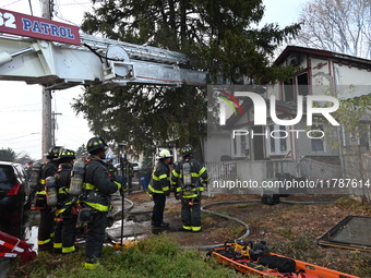 The FDNY responds to the scene in Queens Village, New York, United States, on November 17, 2024. One person is killed in a fire that affects...