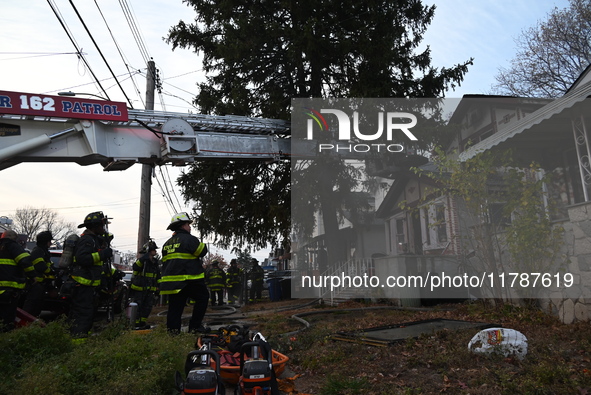 The FDNY responds to the scene in Queens Village, New York, United States, on November 17, 2024. One person is killed in a fire that affects...