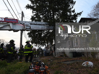 The FDNY responds to the scene in Queens Village, New York, United States, on November 17, 2024. One person is killed in a fire that affects...