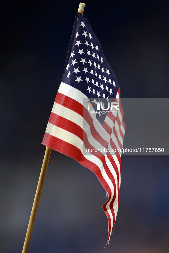 DETROIT,MICHIGAN-NOVEMBER17:  An American flag is displayed at the sidelines during a Salute to Service game  between the Detroit Lions and...