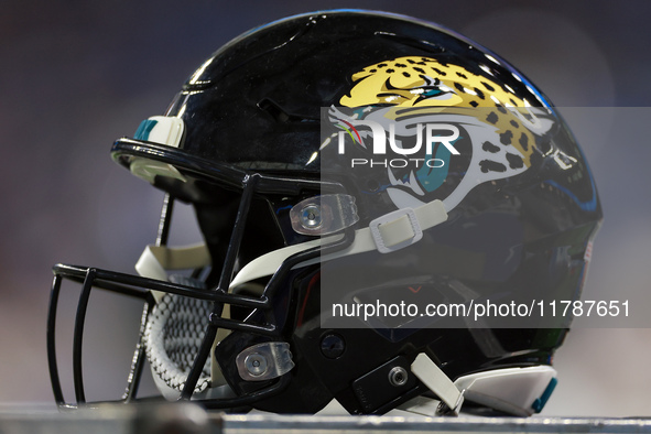 DETROIT,MICHIGAN-NOVEMBER17:  A Jacksonville Jaguars helmet sits on a box during a game between the Detroit Lions and the Jacksonville Jagua...