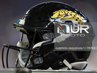 DETROIT,MICHIGAN-NOVEMBER17:  A Jacksonville Jaguars helmet sits on a box during a game between the Detroit Lions and the Jacksonville Jagua...