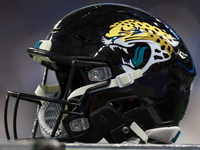 DETROIT,MICHIGAN-NOVEMBER17:  A Jacksonville Jaguars helmet sits on a box during a game between the Detroit Lions and the Jacksonville Jagua...