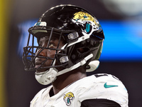 DETROIT,MICHIGAN-NOVEMBER17:  Linebacker Foyesade Oluokun (23) of the Jacksonville Jaguars looks on from the sidelines during a game between...