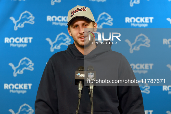 DETROIT,MICHIGAN-NOVEMBER17:  Quarterback Jared Goff (16) of the Detroit Lions answers questions during a post-game interview after a game b...