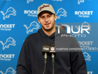 DETROIT,MICHIGAN-NOVEMBER17:  Quarterback Jared Goff (16) of the Detroit Lions answers questions during a post-game interview after a game b...