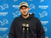 DETROIT,MICHIGAN-NOVEMBER17:  Quarterback Jared Goff (16) of the Detroit Lions answers questions during a post-game interview after a game b...