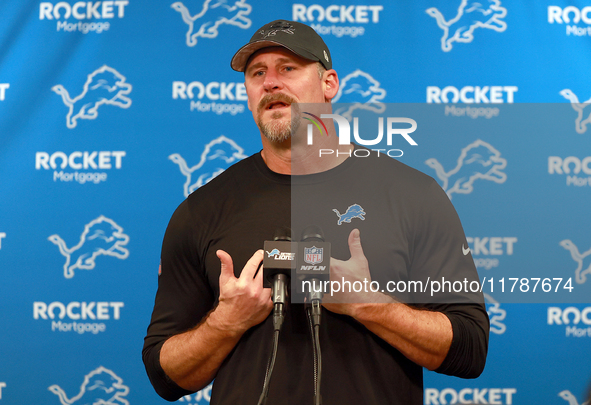 DETROIT,MICHIGAN-NOVEMBER17:  Detroit Lions head coach Dan Campbell answers questions during a post-game interview after a game between the...