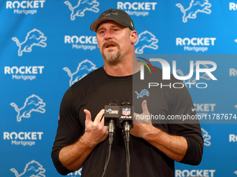 DETROIT,MICHIGAN-NOVEMBER17:  Detroit Lions head coach Dan Campbell answers questions during a post-game interview after a game between the...