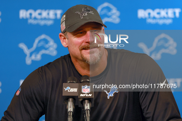 DETROIT,MICHIGAN-NOVEMBER17:  Head coach Dan Campbell of the Detroit Lions answers questions during a post-game interview after a game betwe...