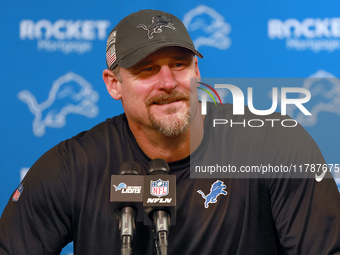 DETROIT,MICHIGAN-NOVEMBER17:  Head coach Dan Campbell of the Detroit Lions answers questions during a post-game interview after a game betwe...