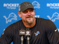 DETROIT,MICHIGAN-NOVEMBER17:  Head coach Dan Campbell of the Detroit Lions answers questions during a post-game interview after a game betwe...