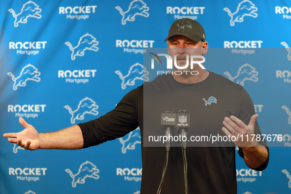 DETROIT,MICHIGAN-NOVEMBER17:  Head coach Dan Campbell of the Detroit Lions answers questions during a post-game interview after a game betwe...