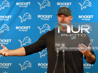 DETROIT,MICHIGAN-NOVEMBER17:  Head coach Dan Campbell of the Detroit Lions answers questions during a post-game interview after a game betwe...