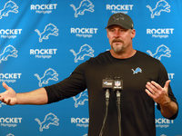 DETROIT,MICHIGAN-NOVEMBER17:  Head coach Dan Campbell of the Detroit Lions answers questions during a post-game interview after a game betwe...