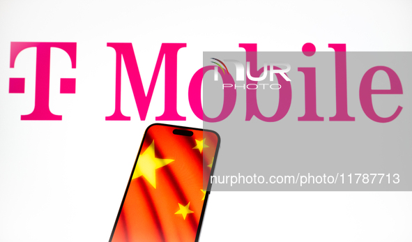 The T-Mobile logo and a Chinese flag are seen in this illustration photo taken in Warsaw, Poland on 17 November, 2024. T-Mobile is one of se...