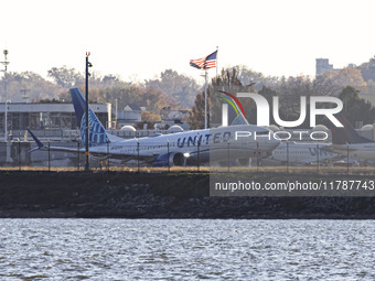 United Airlines Boeing 737 MAX 8 aircraft spotted departing from LaGuardia Airport in New York City during take off and flying phase in the...