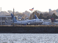 United Airlines Boeing 737 MAX 8 aircraft spotted departing from LaGuardia Airport in New York City during take off and flying phase in the...