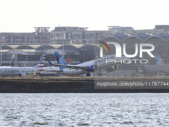 United Airlines Boeing 737 MAX 8 aircraft spotted departing from LaGuardia Airport in New York City during take off and flying phase in the...