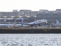 United Airlines Boeing 737 MAX 8 aircraft spotted departing from LaGuardia Airport in New York City during take off and flying phase in the...