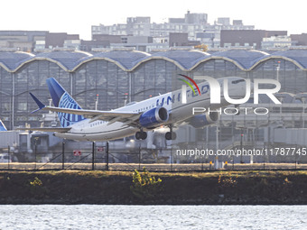 United Airlines Boeing 737 MAX 8 aircraft spotted departing from LaGuardia Airport in New York City during take off and flying phase in the...