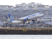 United Airlines Boeing 737 MAX 8 aircraft spotted departing from LaGuardia Airport in New York City during take off and flying phase in the...