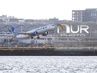 United Airlines Boeing 737 MAX 8 aircraft spotted departing from LaGuardia Airport in New York City during take off and flying phase in the...