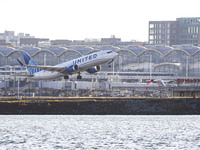 United Airlines Boeing 737 MAX 8 aircraft spotted departing from LaGuardia Airport in New York City during take off and flying phase in the...