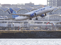 United Airlines Boeing 737 MAX 8 aircraft spotted departing from LaGuardia Airport in New York City during take off and flying phase in the...