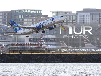 United Airlines Boeing 737 MAX 8 aircraft spotted departing from LaGuardia Airport in New York City during take off and flying phase in the...