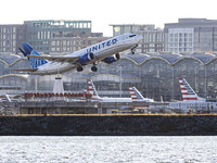 United Airlines Boeing 737 MAX 8 aircraft spotted departing from LaGuardia Airport in New York City during take off and flying phase in the...