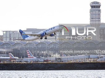 United Airlines Boeing 737 MAX 8 aircraft spotted departing from LaGuardia Airport in New York City during take off and flying phase in the...