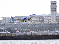 United Airlines Boeing 737 MAX 8 aircraft spotted departing from LaGuardia Airport in New York City during take off and flying phase in the...