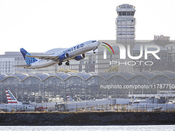 United Airlines Boeing 737 MAX 8 aircraft spotted departing from LaGuardia Airport in New York City during take off and flying phase in the...