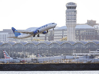 United Airlines Boeing 737 MAX 8 aircraft spotted departing from LaGuardia Airport in New York City during take off and flying phase in the...