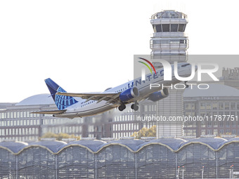 United Airlines Boeing 737 MAX 8 aircraft spotted departing from LaGuardia Airport in New York City during take off and flying phase in the...