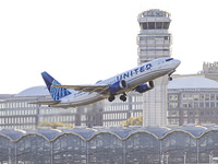 United Airlines Boeing 737 MAX 8 aircraft spotted departing from LaGuardia Airport in New York City during take off and flying phase in the...