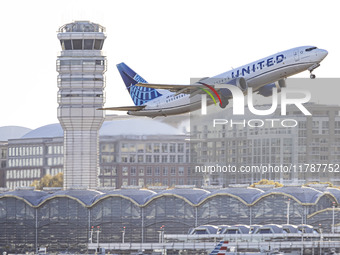 United Airlines Boeing 737 MAX 8 aircraft spotted departing from LaGuardia Airport in New York City during take off and flying phase in the...