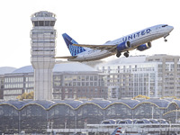 United Airlines Boeing 737 MAX 8 aircraft spotted departing from LaGuardia Airport in New York City during take off and flying phase in the...