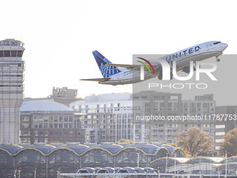 United Airlines Boeing 737 MAX 8 aircraft spotted departing from LaGuardia Airport in New York City during take off and flying phase in the...