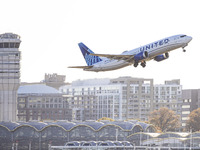 United Airlines Boeing 737 MAX 8 aircraft spotted departing from LaGuardia Airport in New York City during take off and flying phase in the...